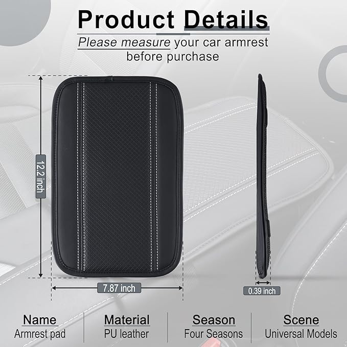 Amiss Car Center Console Pad, Universal Waterproof Car Armrest Seat Box Cover, PU Leather Auto Armrest Cover Protector，Vehicle Interior Accessories fits SUV/Truck/Car (Black-Silvery)