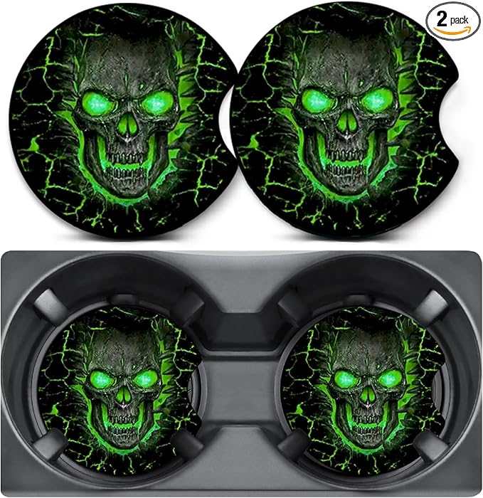 2 Pack Car Coasters for Cup Holders,Green Skull Skeleton Car Cup Holder Coasters,2.75" Universal Size Anti Slip Rubber Mat,Automotive Interior Accessories,Car Cup Holder Decor,Gifts for Women Men Mom