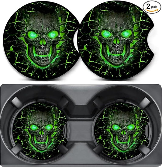 2 Pack Car Coasters for Cup Holders,Green Skull Skeleton Car Cup Holder Coasters,2.75" Universal Size Anti Slip Rubber Mat,Automotive Interior Accessories,Car Cup Holder Decor,Gifts for Women Men Mom