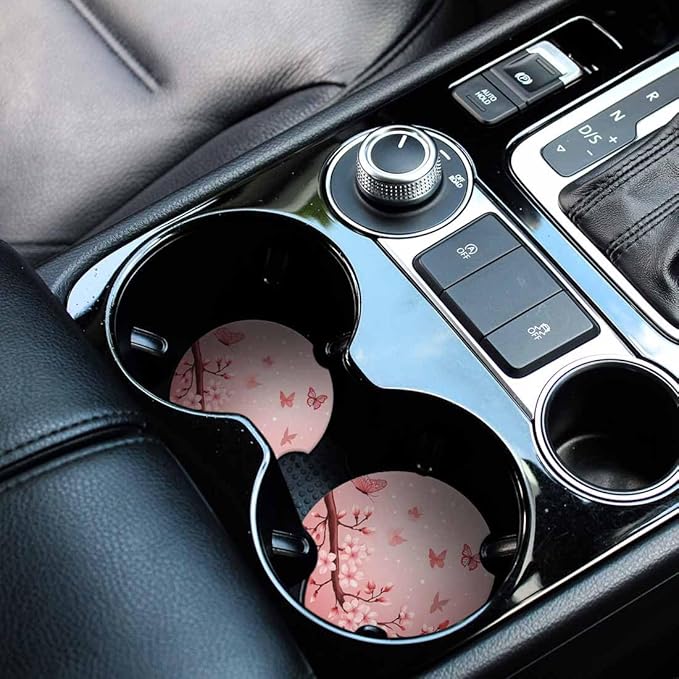 Pink Cherry Blossom Car Coasters for Cup Holders Car Cup Holder Coasters 2 Pack for Car, Anti Slip Ceramic Car Cup Mat with Finger Notch Cute Car Interior Accessories for Women Men