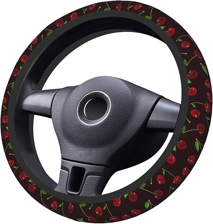 Red Cherry Steering Wheel Cover for Women, Universal 15 inch Breathable Anti Slip Steering Wheel Covers for Cars, Auto, SUVs