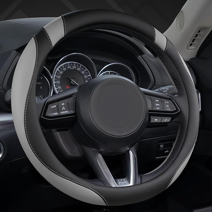 West Llama Microfiber Leather Car Steering Wheel Cover Universal Fit 15-15.5 inch SUV,Sedan,Car,Trucks(Black+Gray-M-Large Size)