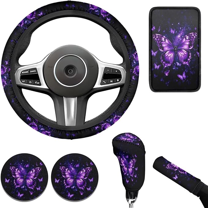 Purple Butterfly Car Decor Set for Women 6 PCS Steering Wheel Cover Cup Holder Handbrake Gear Cover Butterfly Print Car Accessories Set for SUV Truck Sedan