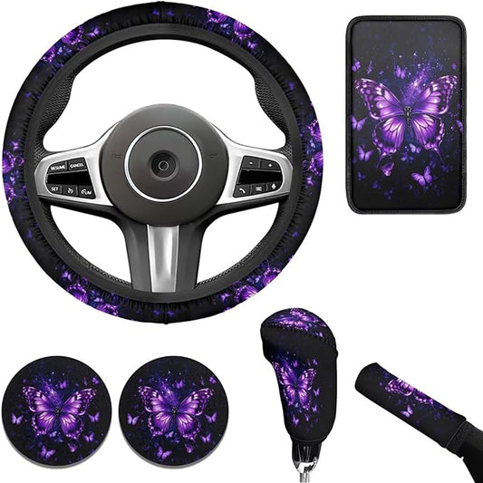 Purple Butterfly Car Decor Set for Women 6 PCS Steering Wheel Cover Cup Holder Handbrake Gear Cover Butterfly Print Car Accessories Set for SUV Truck Sedan