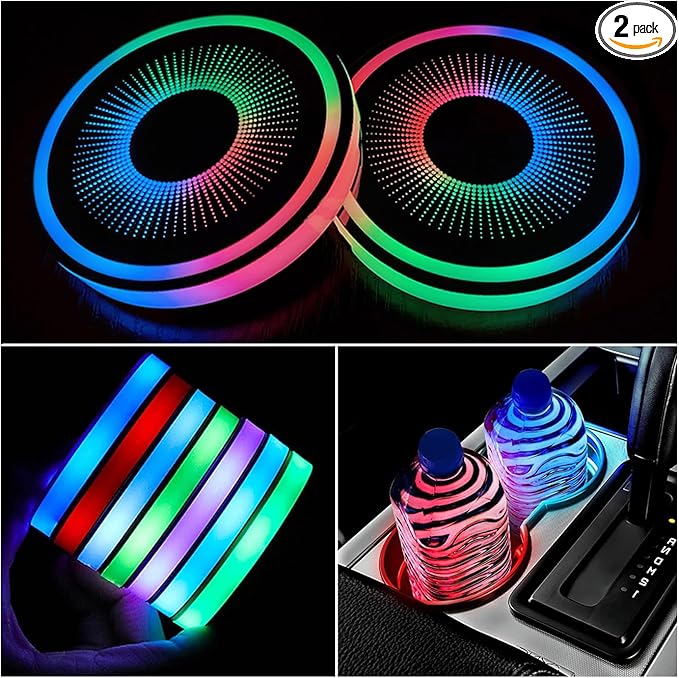 2 Pcs LED Car Cup Holder Lights, USB Charging, 7 Colors, Luminescent Car Coasters