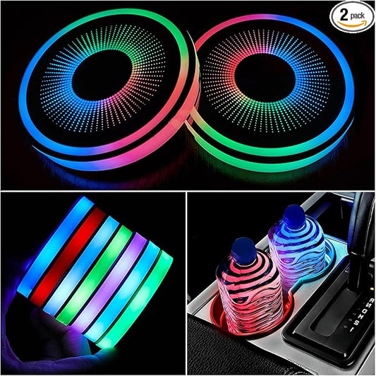 2 Pcs LED Car Cup Holder Lights, USB Charging, 7 Colors, Luminescent Car Coasters