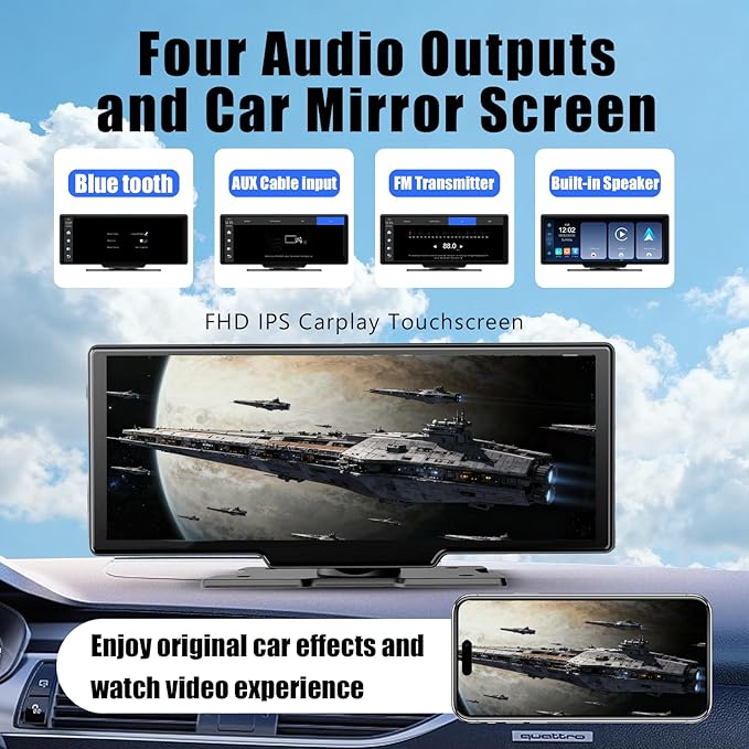 10.26″ Wireless Apple CarPlay & Android Auto Touchscreen – Portable Car Dashboard with 4K Front DVR, 1080P Rear Camera, GPS Navigation, Loop Recording, Mirror Link, Voice Control
