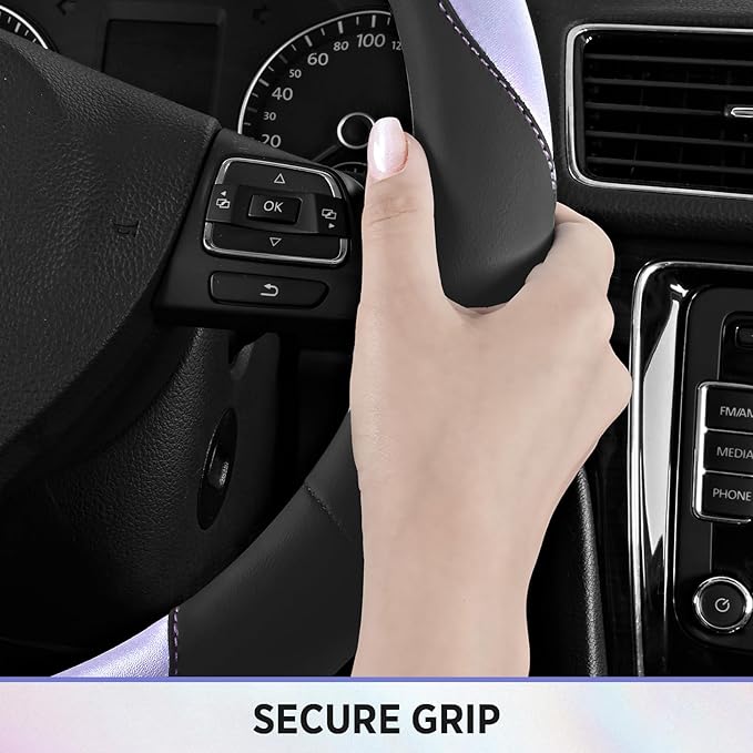 Road Comforts Steering Wheel Cover – Breathable Leather Steering Wheel Cover, Anti-Slip Grip, Universal Fit 14.5” to 15”, Heat & Cold Resistant for Cars, SUVs, and Trucks – Black & Shining Purple