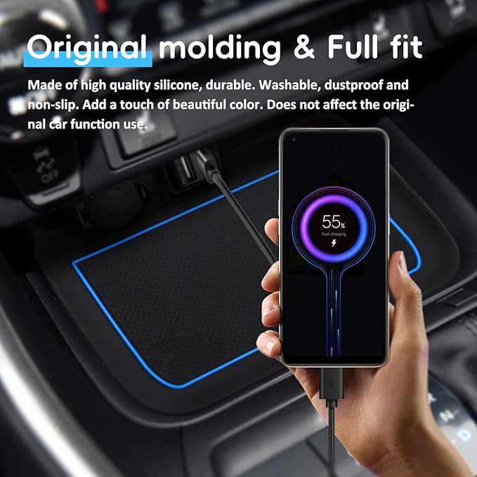 Auovo 3D Cup Holder Insert Liners Compatible with Toyota RAV4 Accessories 2025 2024 2023 2022 2021 2020 2019 Car Custom Cup Holder Mats Pads 4-pc Set (Blue Trim)