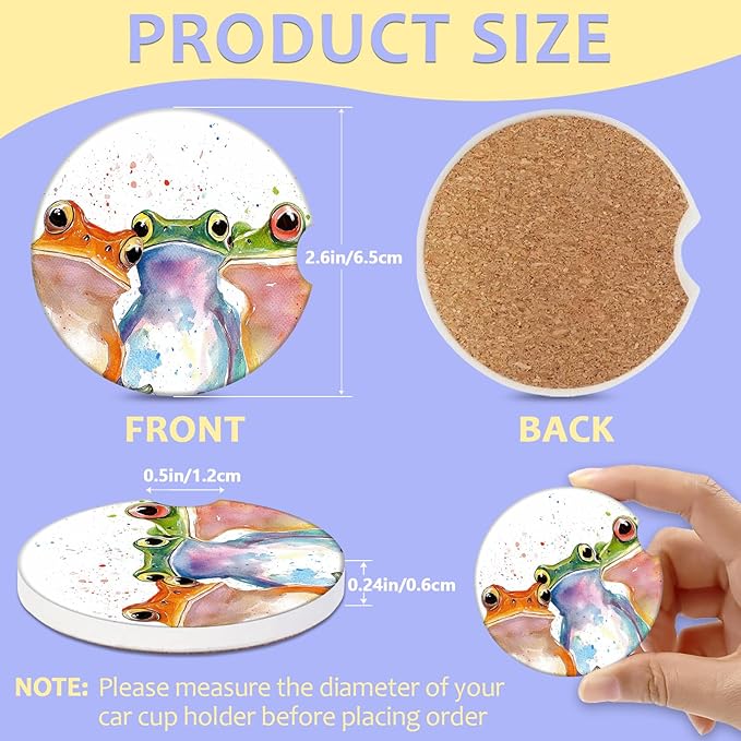 2 Pack Car Cup Holder Coaster-Watercolor Frog Absorbent Ceramic Coaster, Car Coasters for Cup Holders,Auto Accessories for Women & Men