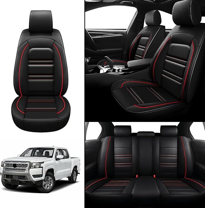 Seat Covers for Nissan Car Frontier 1998-2025 | 5-Seats Leather Seat Covers, Easy to Install Automotive Seat Covers Full Set (Full Set, Black&Red Line)