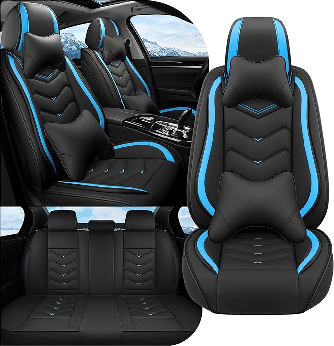 Car Seat Covers Fit for Toyota Camry 2000-2025, Stylish Sport Seat Covers, Waterproof Wear-Resistant Premium Nappa Leather Car Seat Cover.(Full Set with Pillow/Black Blue)