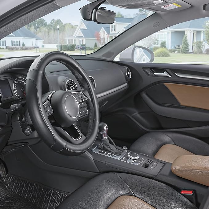 SEG Direct Car Steering Wheel Cover Small Size for Prius Civic Model 3 Model Y Camaro Rogue with 14-14 1/4 inches Outer Diameter, Black Microfiber Leather