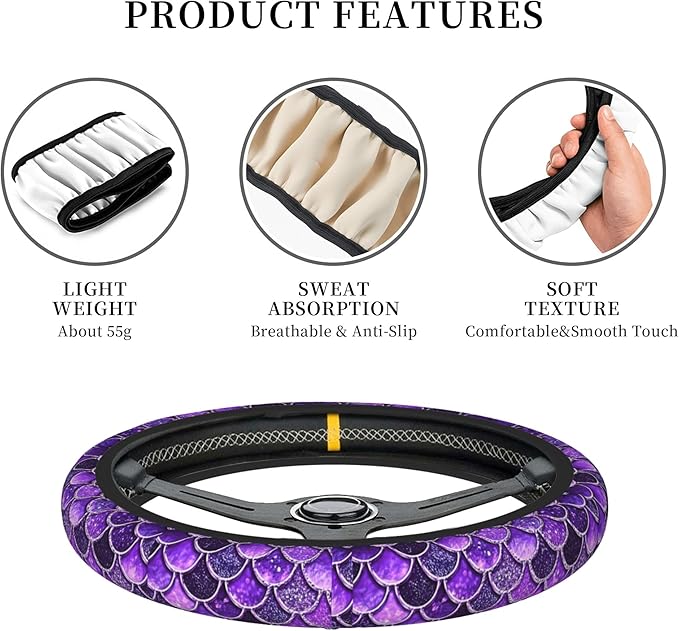 Purple Mermaid Fish Dragon Scales Cool Funny Steering Wheel Cover Car Accessories Cute for Women Girls Girly Universal 15 Inch Neoprene Auto Interior Decor Anti Slip Car Truck Protector