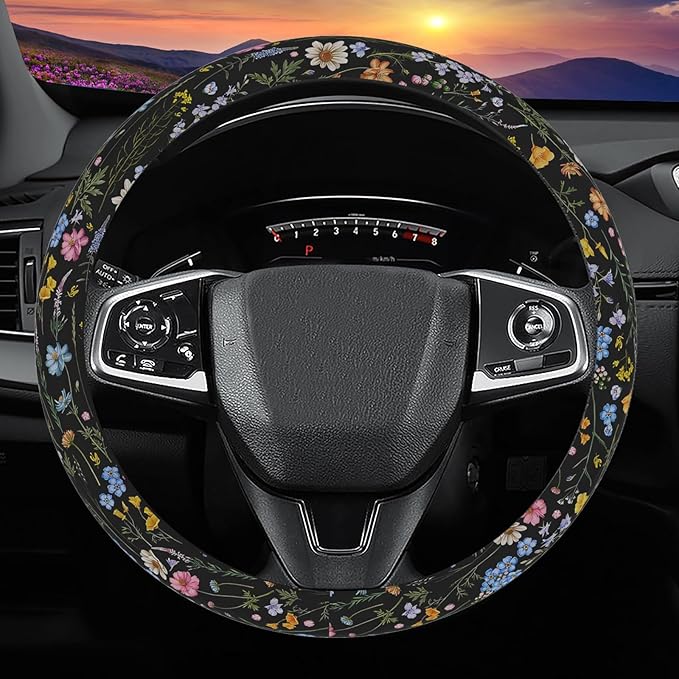 Wildflower Steering Wheel Cover, Flower Car Accessory for Diverse Cars, Steering Wheel Cover Non-Slip Breathable Fabric Absorbing Sweat Universal Car Accessories 14.5–15 inch