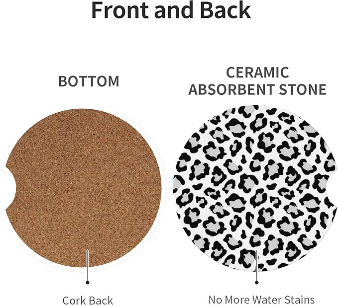 Absorbent Car Coasters for Cup Holders, 2 Pack Universal Anti Slip Ceramic Cup Coaster for Women Men 2.56 Inch Car Interior Accessories - White Grey Leopard 004