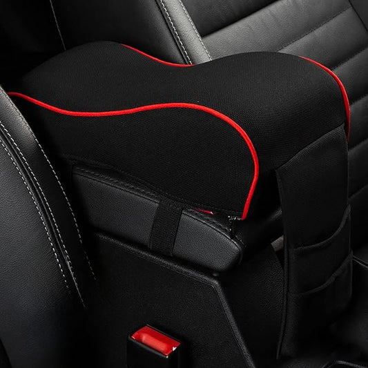 Auto Center Console Armrest Pillow Pad, Car Armrest Cushion Soft Memory Foam with Phone Holder Storage, Pockets Bag Seat Cushion Universal Fit for Most Car (Black & Red)