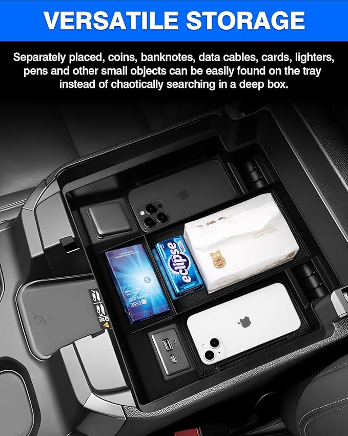 Autorder Center Console Organizer for 2022-2026 Chevy Chevrolet Silverado&Sierra 1500/2024-2026 Silverado&GMC Sierra 2500HD/3500HD Accessories Armrest Storage Box(Only Fit Full Console w/Bucket Seats)