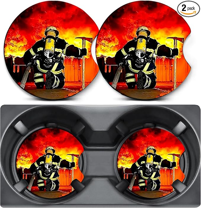 2 Pack Car Coasters for Cup Holders, Firefighter Car Cup Holder Coasters,2.75" Universal Size Anti Slip Rubber Mat,Automotive Interior Accessories, Firefighter Gifts for Women,Men,Mom,Boyfriend