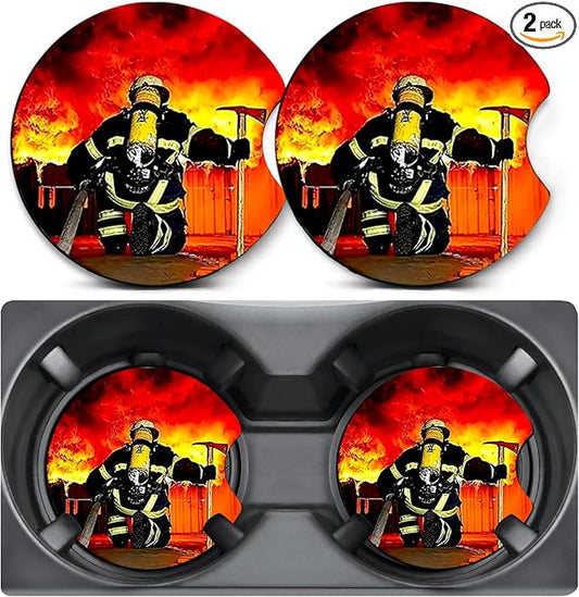 2 Pack Car Coasters for Cup Holders, Firefighter Car Cup Holder Coasters,2.75" Universal Size Anti Slip Rubber Mat,Automotive Interior Accessories, Firefighter Gifts for Women,Men,Mom,Boyfriend