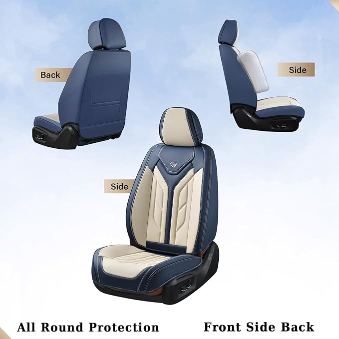 Coverado Car Seat Covers Full Set, Leather Seat Covers for Cars, Waterproof Automotive Seat Covers Car Seat Protectors Car Accessories Universal Fit for Most Sedans SUV Pick-up Truck(Blue&Beige)