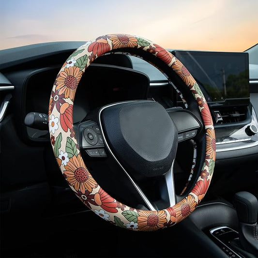 Sunflower Retro Steering Wheel Cover Auto Jacquard Steering Wheel Protector, Anti-Slip, Breathable, Absorbing Sweat, Universal Car Accessories 14.5–15 inch,Fit for Most Car, Trucks, SUV