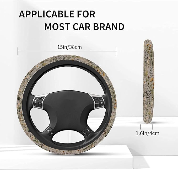 Steering Wheel Cover, Retro Wildflowers Flowers Steering Wheel Cover for Women Men Universal 15 Inch Steering Wheel Protector Fit Auto SUV Sedan Vans Trucks