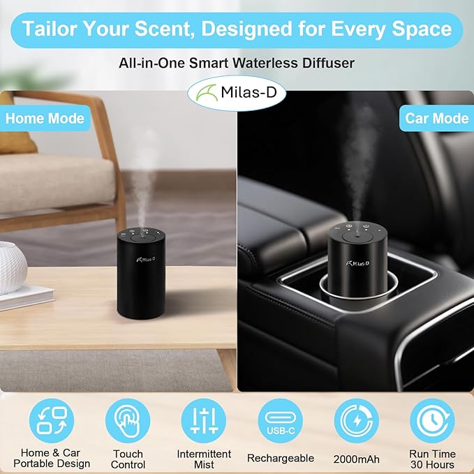 Waterless Essential Oil Diffuser, Battery Operated Nebulizer with 3-Timers & 3 Mist Levels, 0.7 fl.oz./20ml, Mini Scent Air Machine, Home Car Office Studio, Portable & Rechargeable, Milas-D, Black