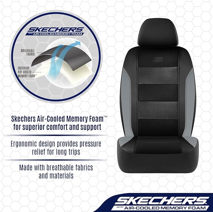 Skechers Aircooled & Memory Foam Seat Covers,Premium Leather with EVA Mesh Car Seat Covers,Seat Cover Full Sets,Airbag Compatible Automotive Comfort for Most Cars, Vans, Trucks, SUV,Grey