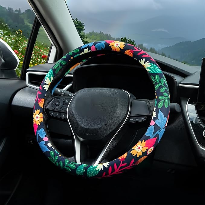 Strawberry Colorful Floral Steering Wheel Cover Auto Steering Wheel Protector, Anti-Slip, Breathable, Absorbing Sweat, Universal Floral Car Accessories 14.5–15 inch