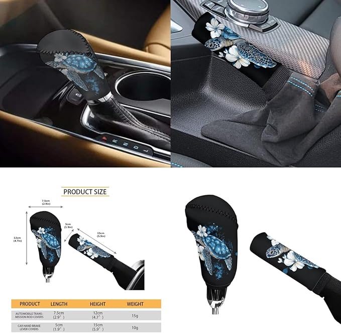 Blue Sea Turtle Steering Wheel Cover Sets Flower Print Car Accessories Handbrake Cover Cup Coaster Car Interiors Decor for Men Women 6pcs