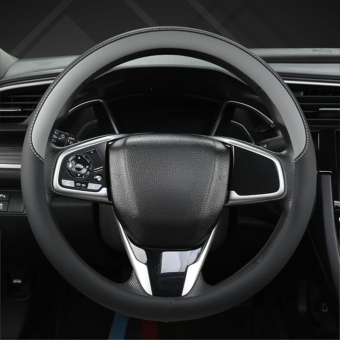 West Llama Thin Car Steering Wheel Cover, Universal 14.5-15 inch Nappa Leather Steering Wheel Cover, Ultra Thin, Anti-Slip, Breathable(Black+Gray-Standard Size)