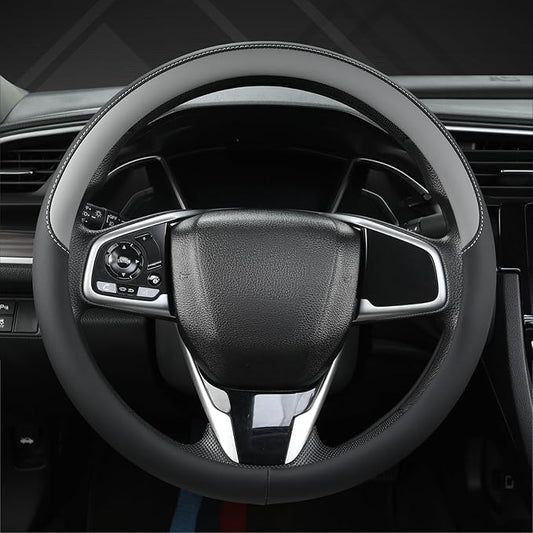 West Llama Thin Car Steering Wheel Cover, Universal 14.5-15 inch Nappa Leather Steering Wheel Cover, Ultra Thin, Anti-Slip, Breathable(Black+Gray-Standard Size)