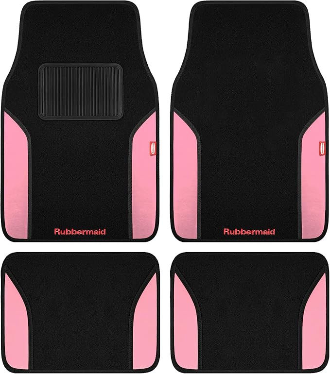 Rubbermaid Car Mats, Carpeted Floor Car Mat with Faux Leather & Built-in Heel Pad, Two-Tone Car Rug Floor Mats, Stylish Carpeted Floor Mats for Cars, Trucks & SUVs Pink Color