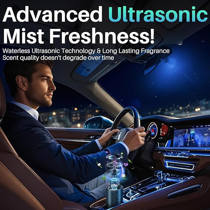 Smart Car Air Freshener Diffuser with 100ml Essential Oils,Car Aroma Diffuser New Smell Long Lasting Lasts 6 Months, RGB Music Syncing Light, Auto On/Off Intelligent, 5 Adjustable Rechargeable