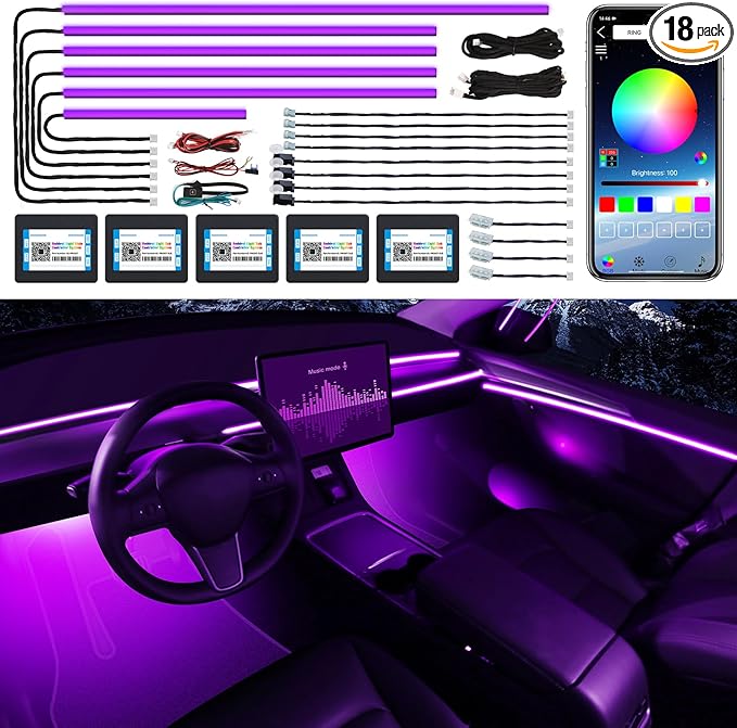 Acrylic Interior LED Strip Light With Wireless APP, RGB 18 in 1 With 175 Inches 600 LEDs Fiber Optic Ambient Lighting Kits for Car, 16 Million Colors Sound Active Function