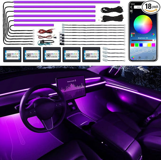 Acrylic Interior LED Strip Light With Wireless APP, RGB 18 in 1 With 175 Inches 600 LEDs Fiber Optic Ambient Lighting Kits for Car, 16 Million Colors Sound Active Function