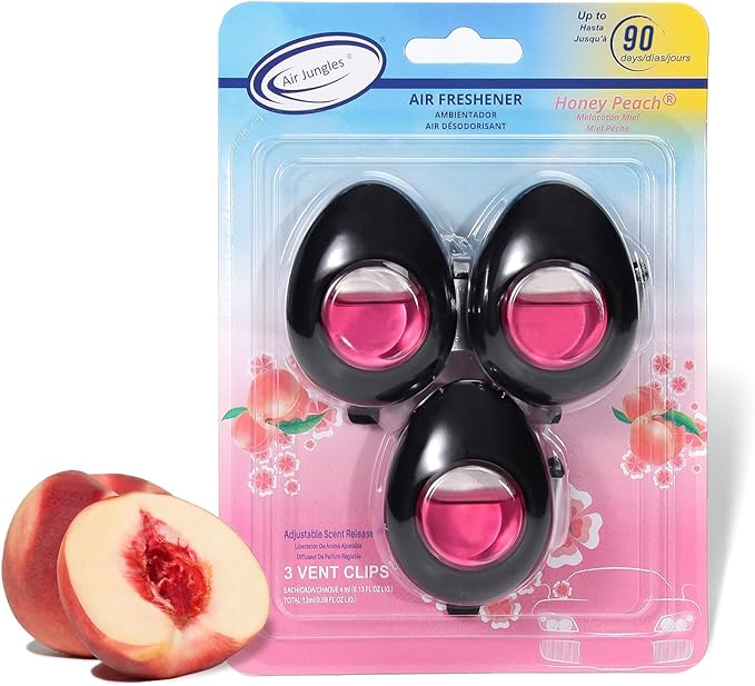 Air Jungles Car Air Freshener Vent Clip 3 Count, Honey Peach Scent, 4 ml Each, Long-Lasting Car Odor Eliminator, Easy Clip-On Design, Up to 90 Days Freshness for Cars, Trucks, and SUVs