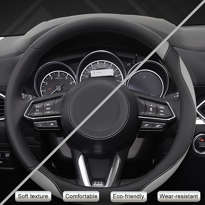 West Llama Microfiber Leather Car Steering Wheel Cover Universal Fit 15-15.5 inch SUV,Sedan,Car,Trucks(Black+Gray-M-Large Size)