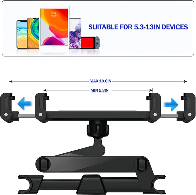 Tablet Holder for Car 1 Pack, iPad Headrest Mount for 5.3-12.9" iPads/Phones, Car Tablet Holder with 360° Adjustable Rotating, Upgraded iPad Mount, Road Trip Essentials (Black)