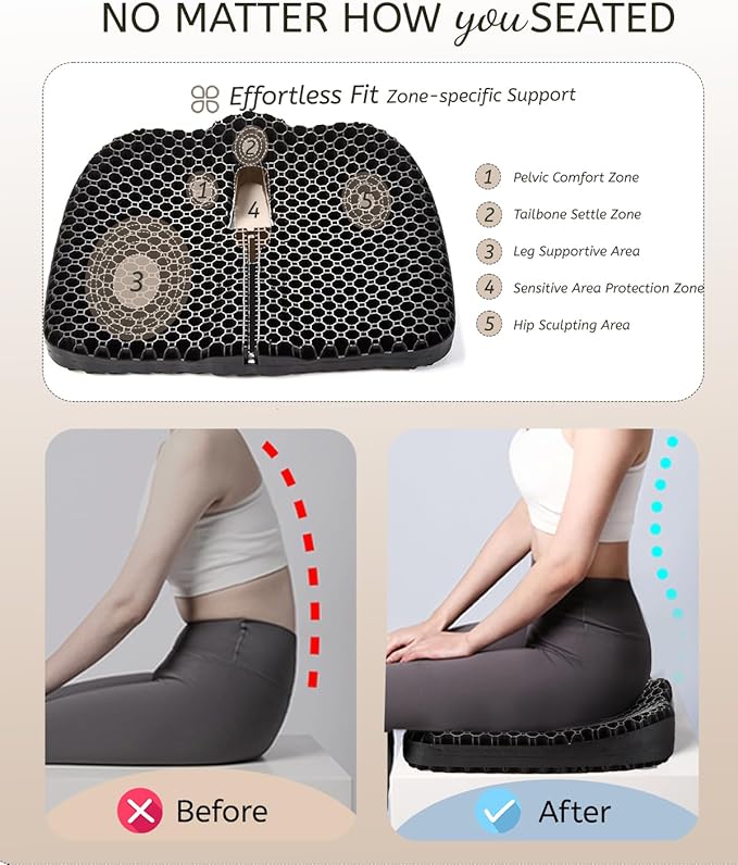 Gel Seat Cushion for Long Sitting & Hip Pain Relief (Large Size) - Cooling 24D Cushions for Office Chair, Car, Wheelchair, Breathable & Non-Slip Cover with Pressure Relief Technology