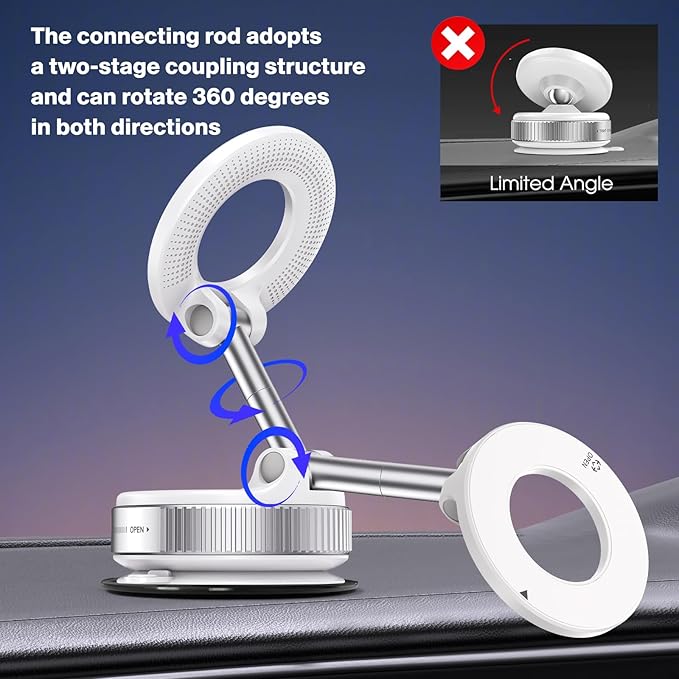 360° Rotatable Vacuum Magnetic Phone Holder, Foldable and Retractable Suction Cup Car Phone Mount for Car/Gym/Mirror/Smooth Surface, Compatible with iPhone Android and All Smartphones (White)