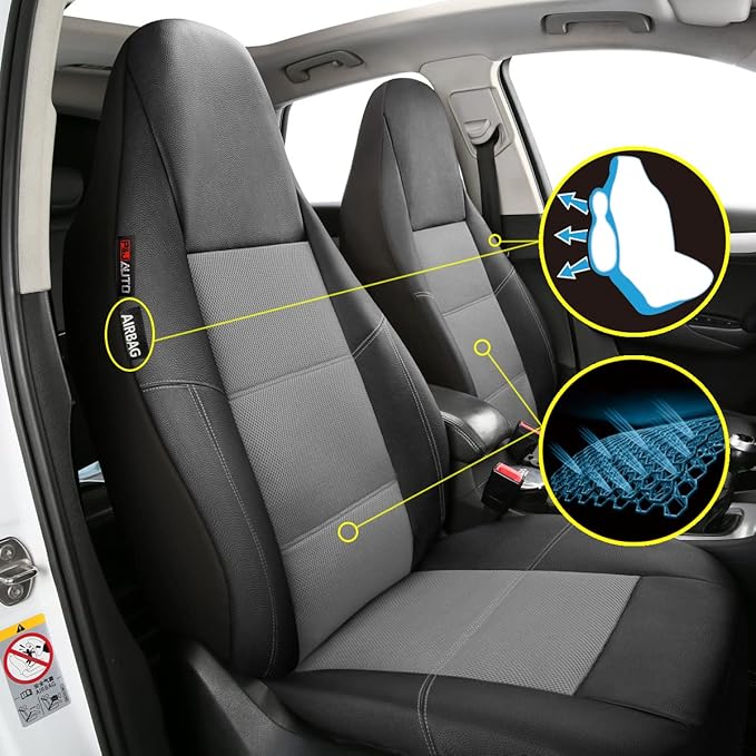 P&J AUTO Leather and Mesh High Back Car Seat Cover Front Pair Integrated Bucket Seat Airbag Compatible (Grey)