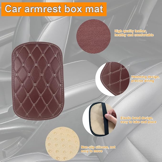 Auto Center Console Pad, PU Leather Car Center Console Box Cushion, Non Slip Soft Armrest Seat Box Cover, Waterproof Vehicle Armrest Protector for SUV, Truck, Car (Rhombic Lattice Wine Red/Beige)