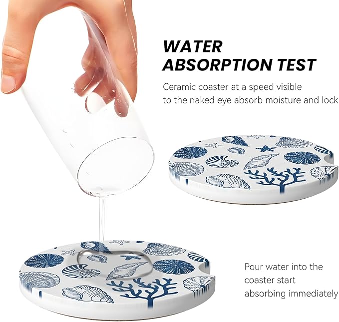 Absorbent Car Coasters for Cup Holders, 2 Pack Universal Anti Slip Ceramic Cup Coaster for Women Men 2.56 Inch Car Interior Accessories - Blue Sea Shell 013