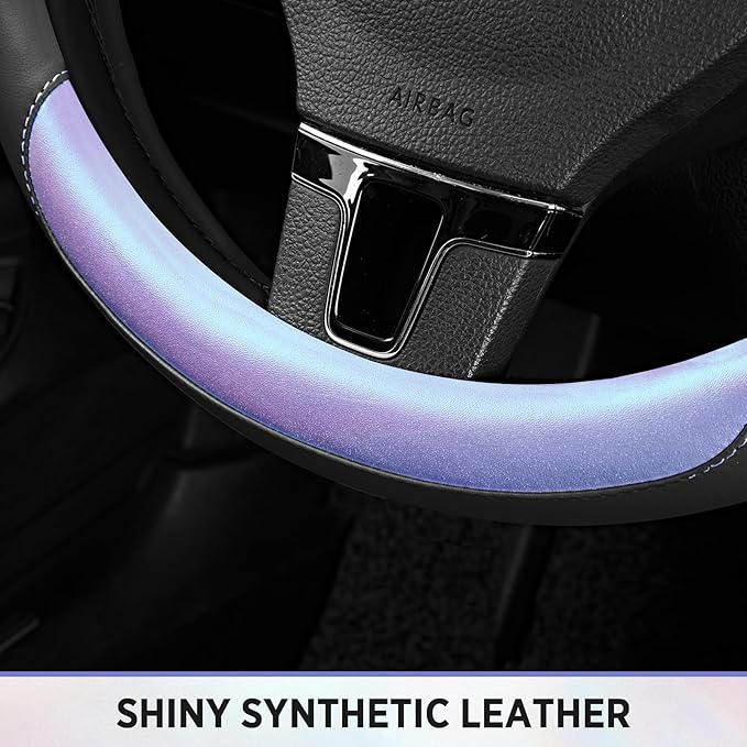 Road Comforts Steering Wheel Cover – Breathable Leather Steering Wheel Cover, Anti-Slip Grip, Universal Fit 14.5” to 15”, Heat & Cold Resistant for Cars, SUVs, and Trucks – Black & Shining Purple