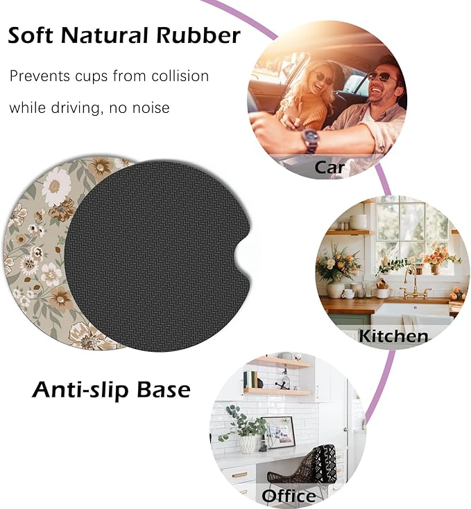 2 Pcs Car Cup Coasters, Vintage Floral Universal Non-Slip Rubber Car Coasters for Cup Holders 2.75 inch, Car Interior Accessories for Women