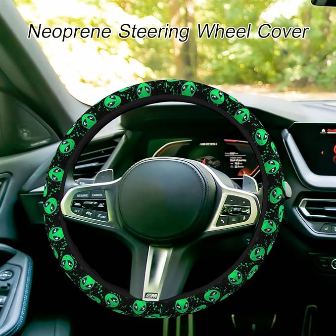 Green Alien Steering Wheel Cover - 15 Inch Universal Car Wheel Cover for Auto, Truck, Vans