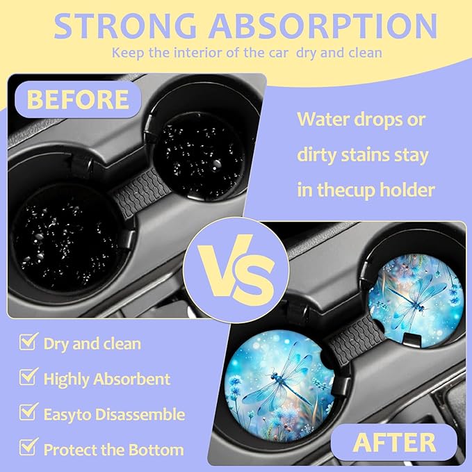 2 Pack Car Cup Holder Coaster-Blue Dragonfly Absorbent Ceramic Coaster,Car Coasters for Cup Holders,Auto Accessories for Women & Men