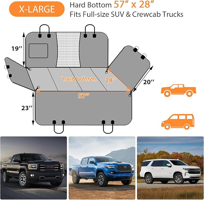 URPOWER XL Back Seat Extender for Dogs, Hard Bottom Dog Car Seat Cover for Full-Size SUVs & Crew Cab Trucks, Waterproof Dog Hammock Pet Travel Bed Rear Seat Protector Holds 400lbs for F150/ Silverado